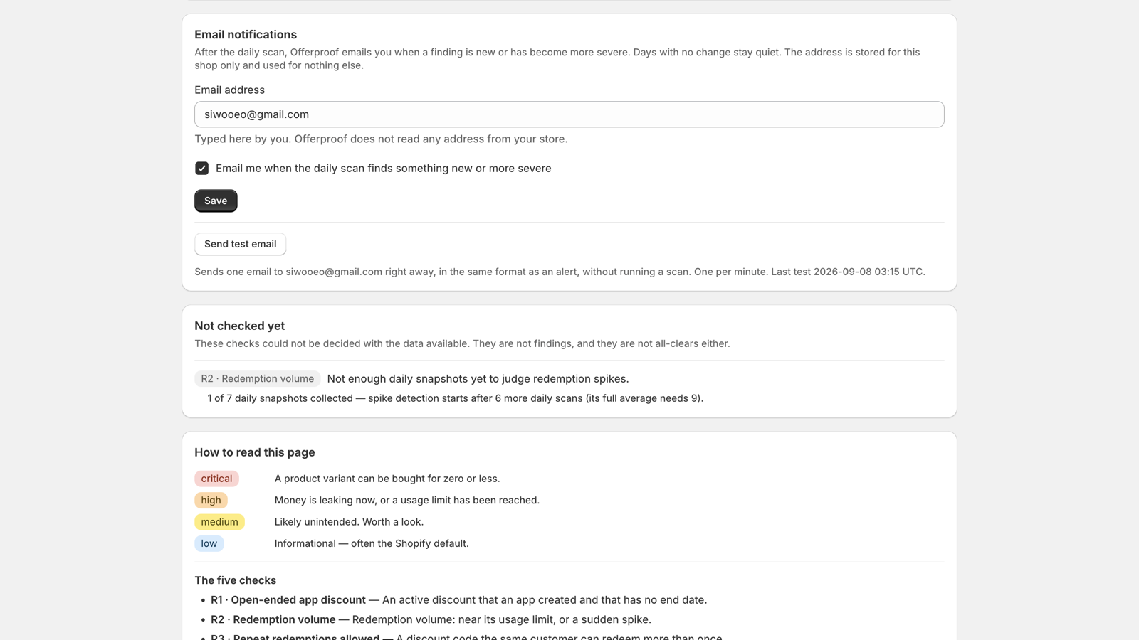 Email notification settings with a Send test email button