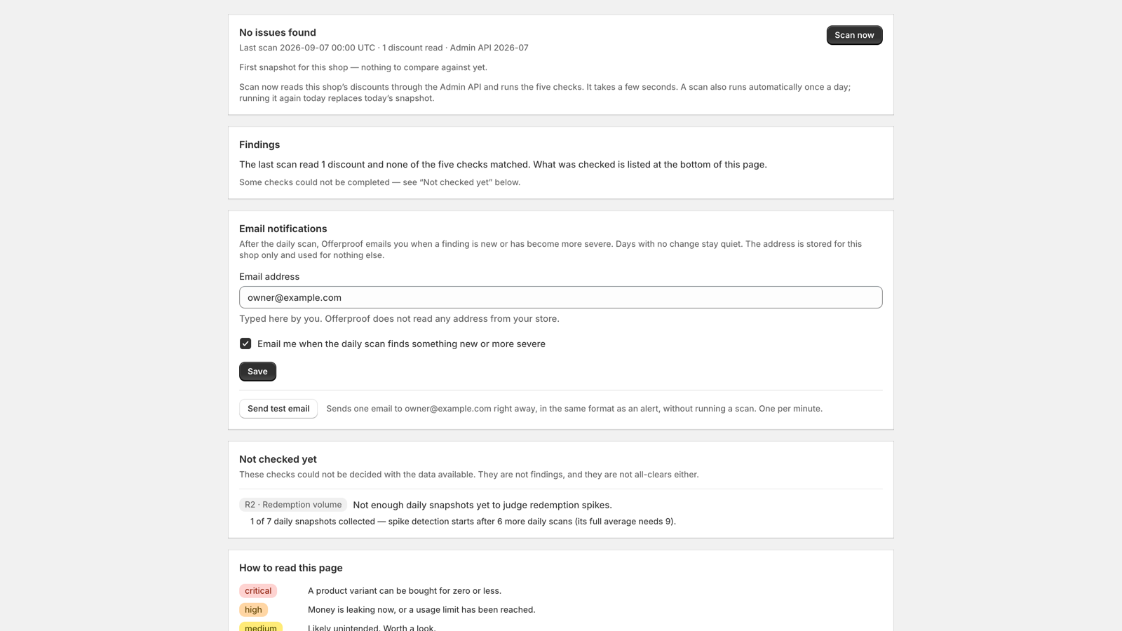Offerproof report showing no issues found after a scan